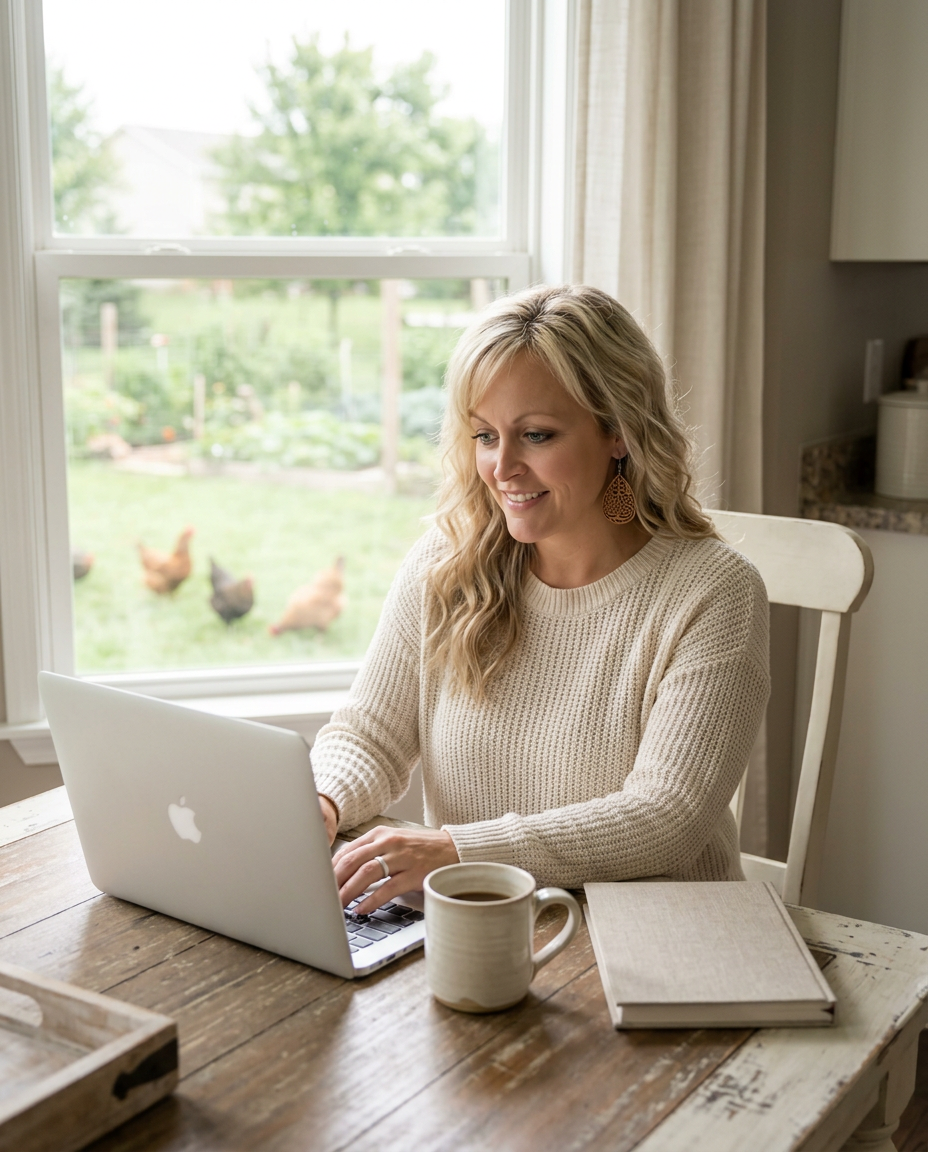 Erin Rose working on her laptop at the kitchen table with chickens in the backyard